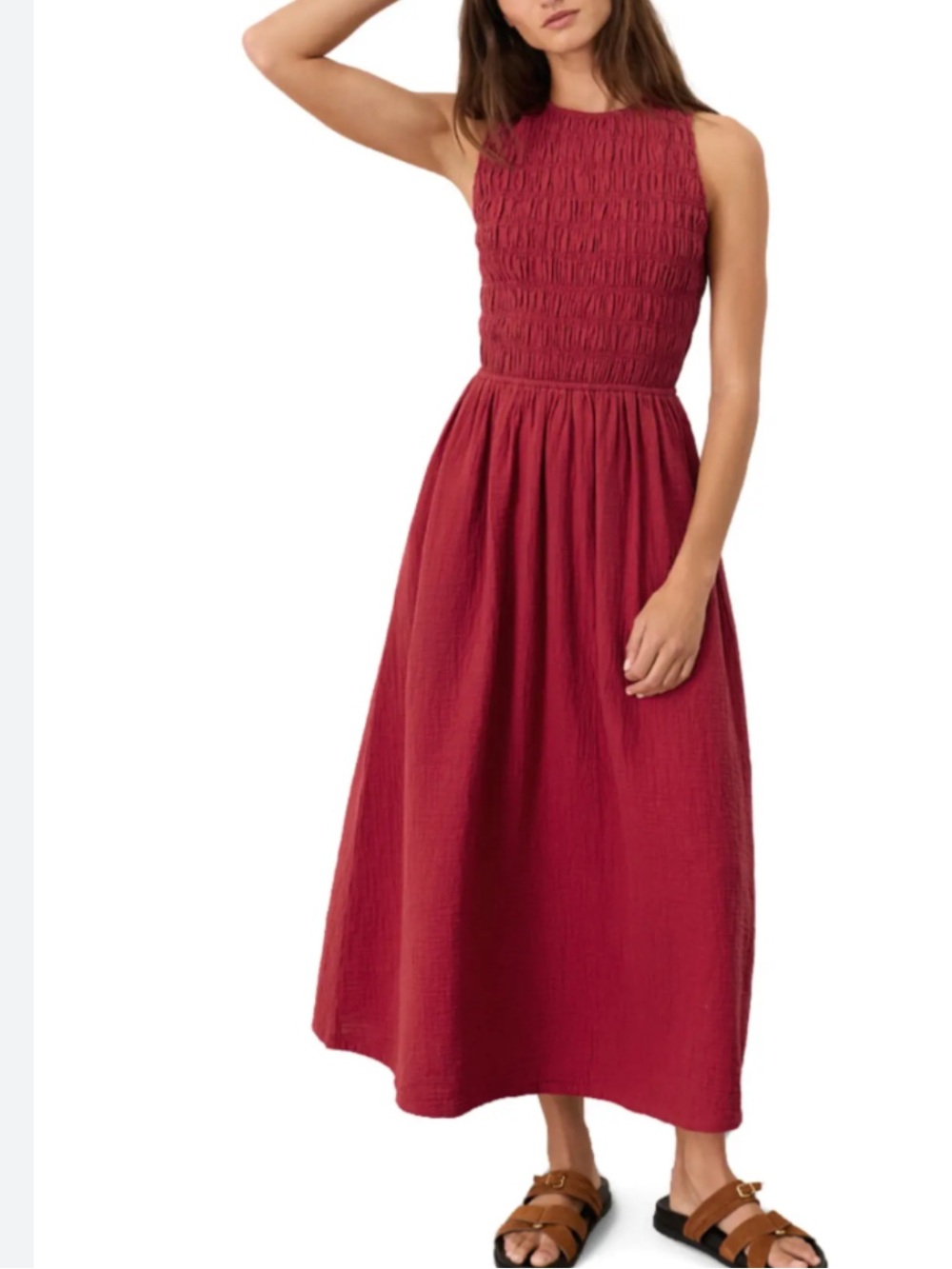 Pact Red Coastal Double Gauze Smocked Sleeveless Dress Size L